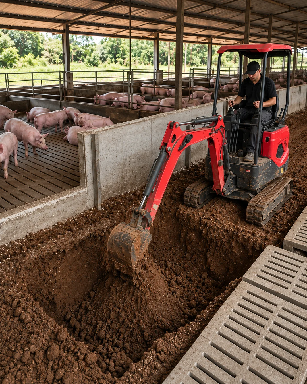 Mini escavadeira em serviço para propriedade rural